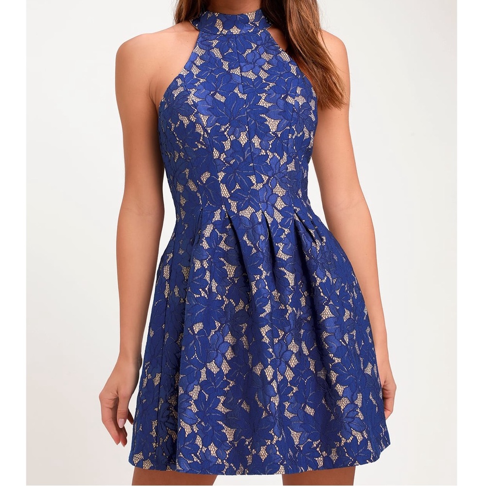 Lulus Seasons of Love Royal Blue Lace Halter Skater Dress